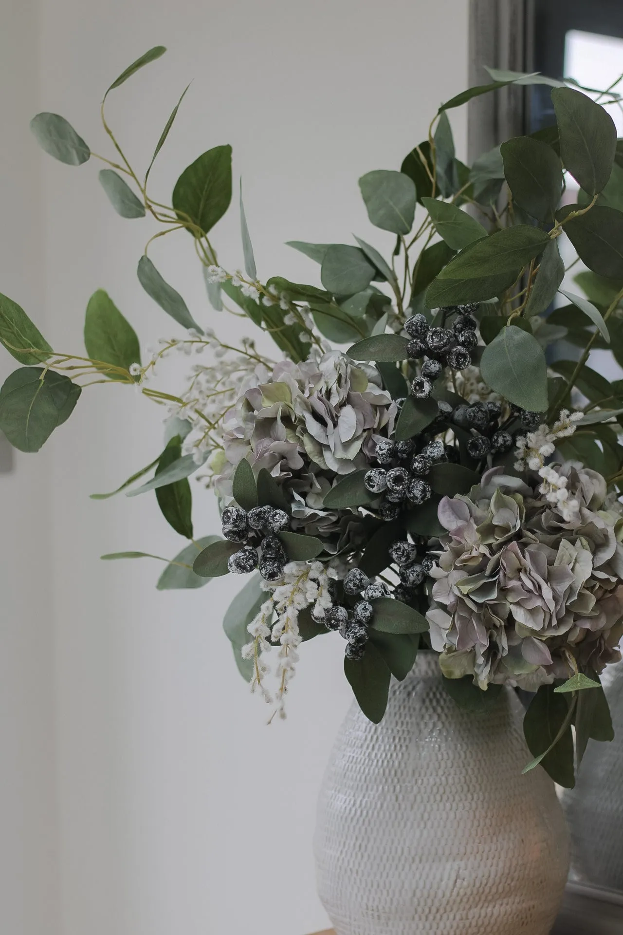 Faux Winter Hydrangea and White Willow Floral Arrangement