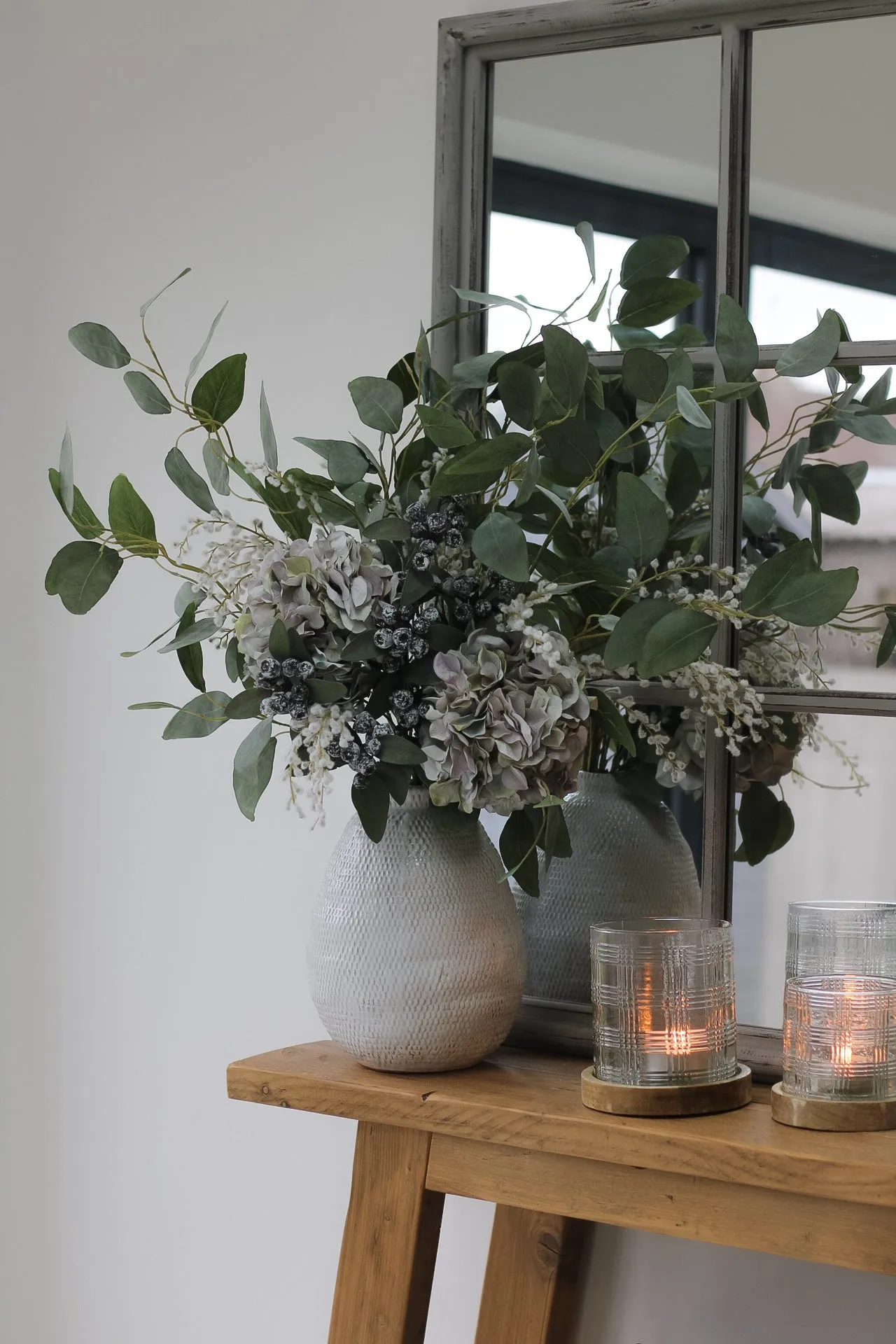 Faux Winter Hydrangea and White Willow Floral Arrangement