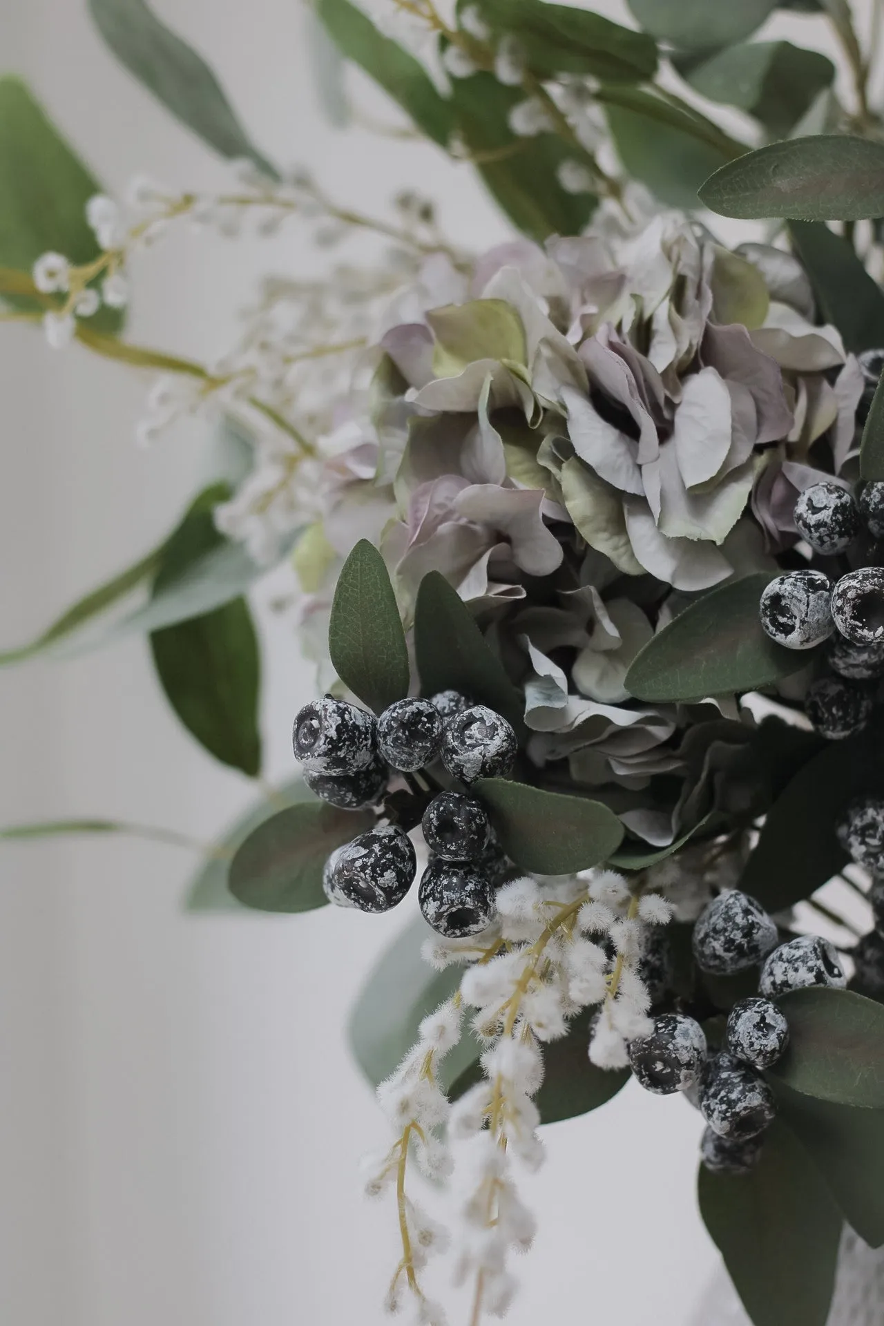 Faux Winter Hydrangea and White Willow Floral Arrangement