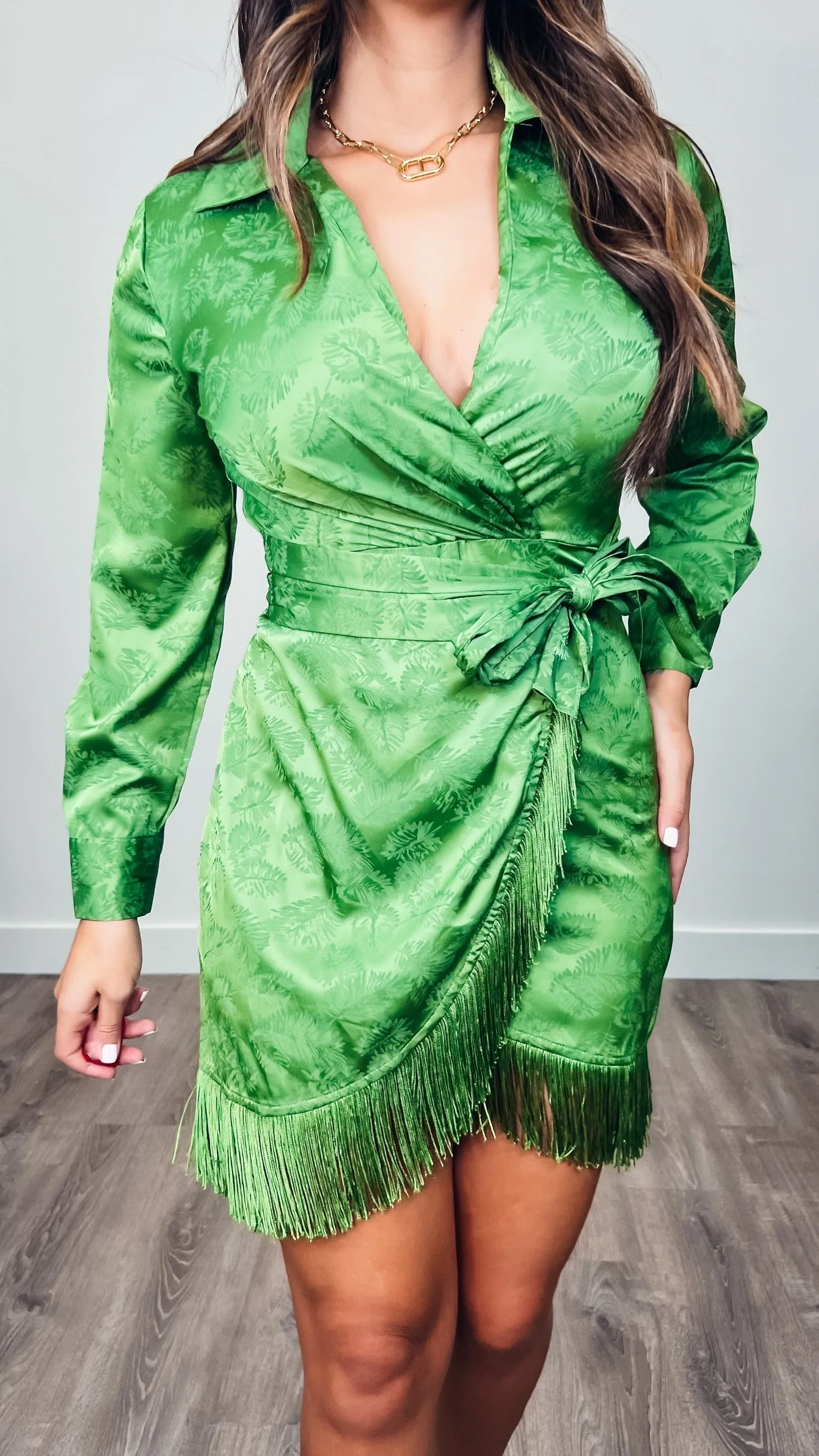 Flamenco Fringed Faux Wrapped Dress Avocado