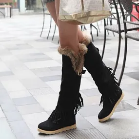 Flat high boots round fringed frosted casual snow boots large size women s boots