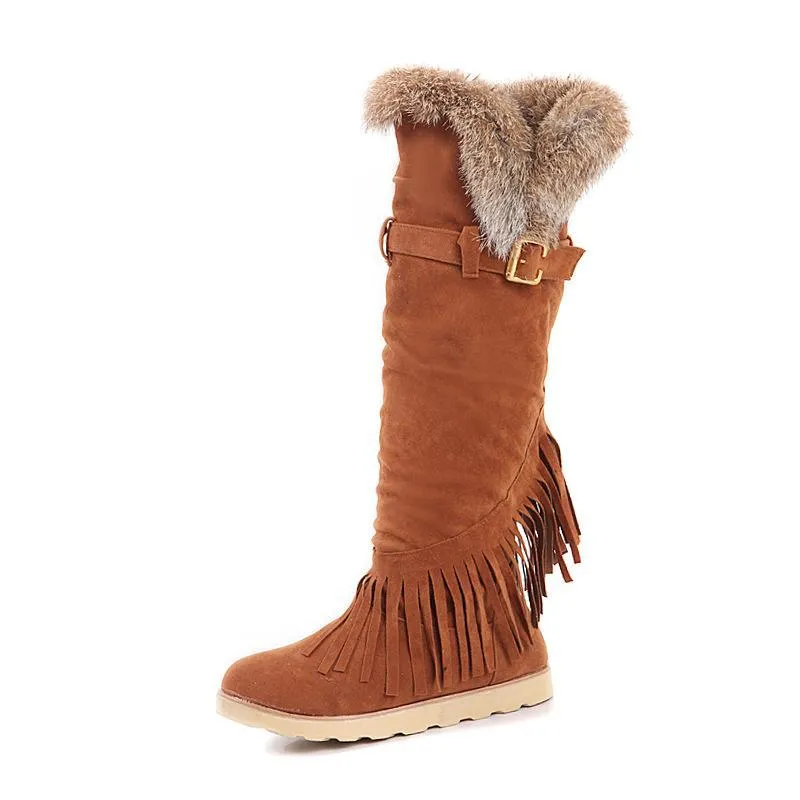 Flat high boots round fringed frosted casual snow boots large size women s boots