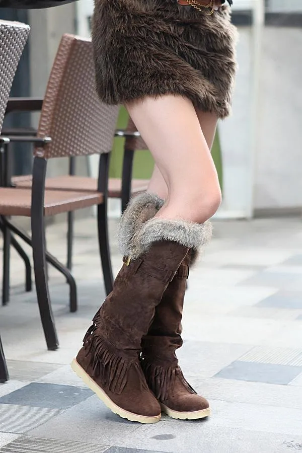 Flat high boots round fringed frosted casual snow boots large size women s boots