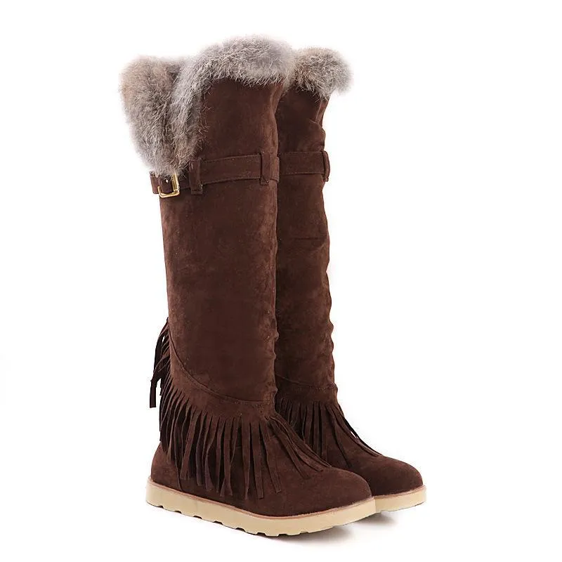 Flat high boots round fringed frosted casual snow boots large size women s boots