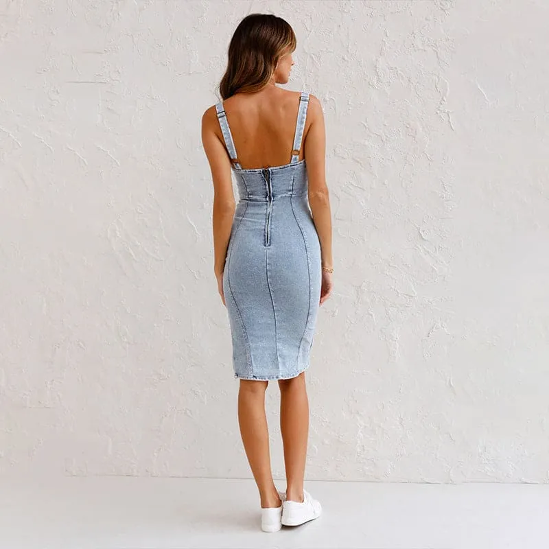 Front Zip Adjustable Strap Side Split Denim Bodycon Dress