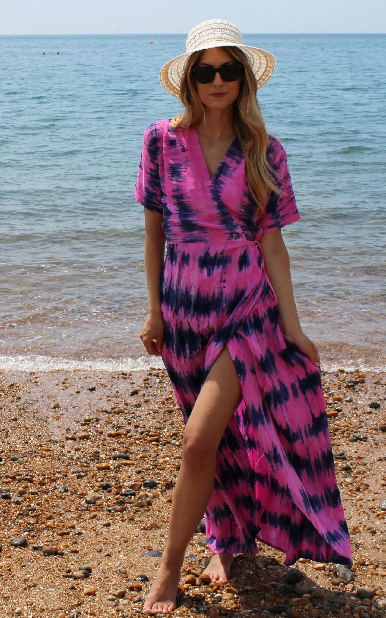 Fuchsia and Blue Tie Dye Wrap Dress