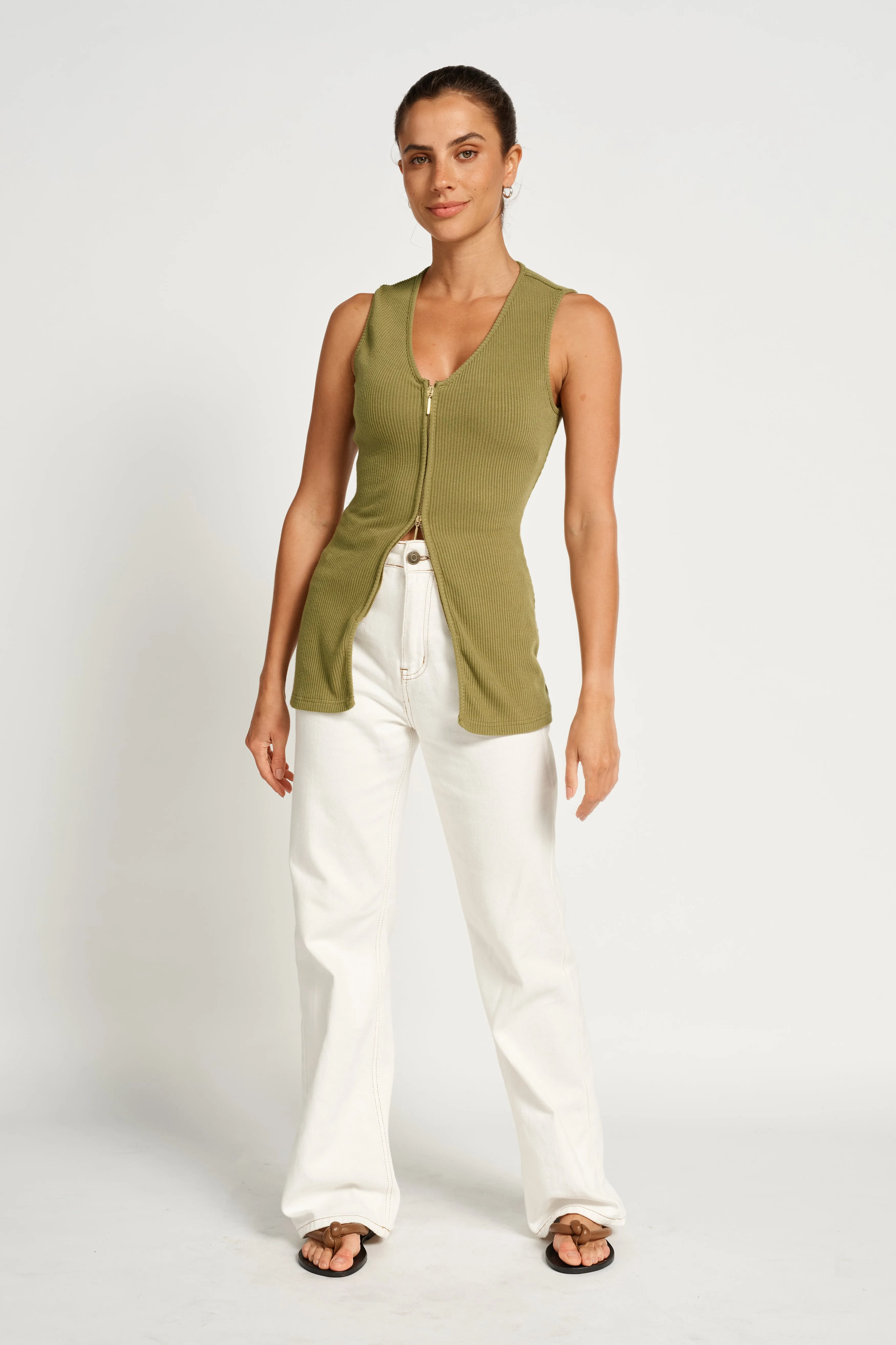 Gaia Zip-Front Knit Tank - Apple Green