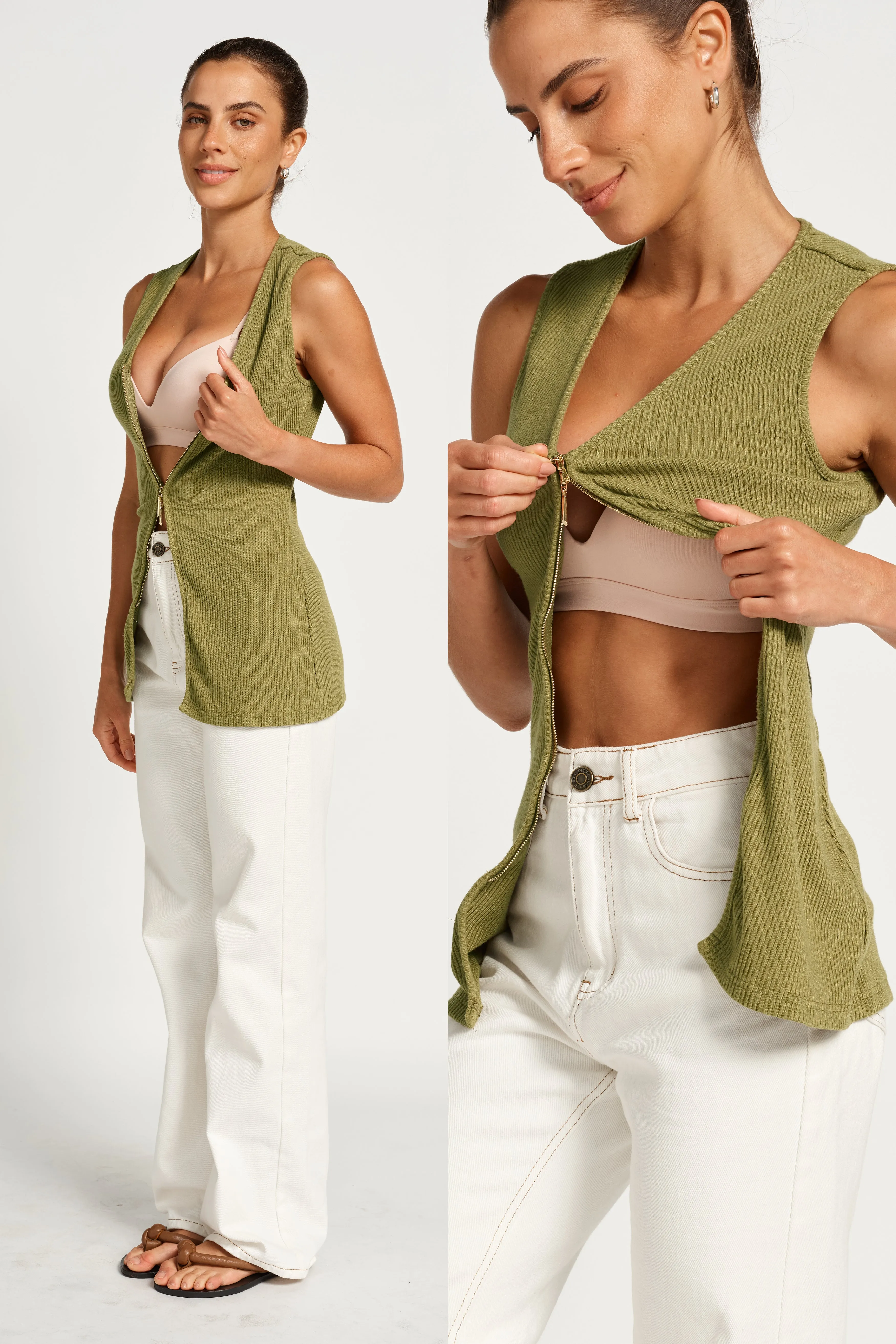 Gaia Zip-Front Knit Tank - Apple Green