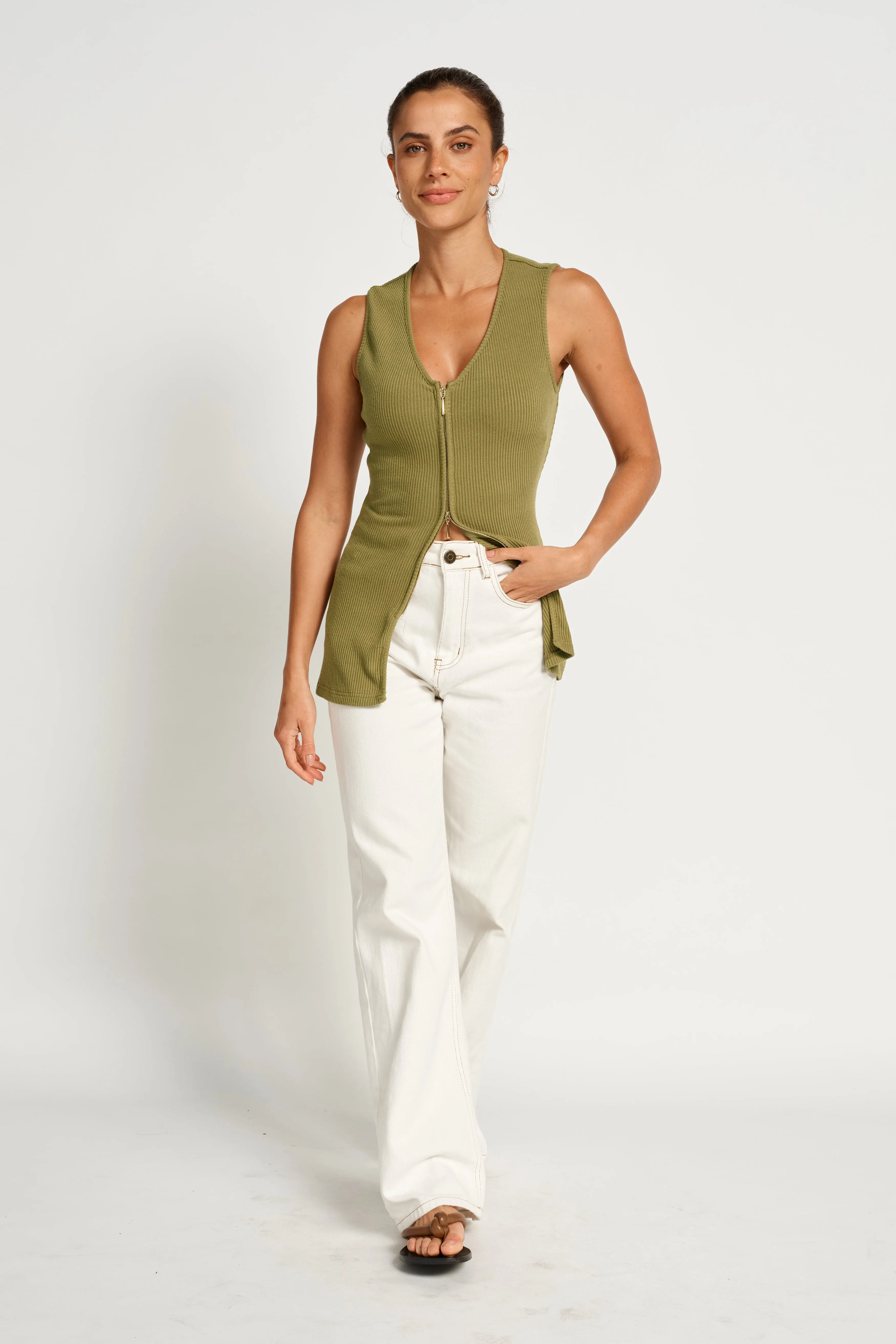 Gaia Zip-Front Knit Tank - Apple Green