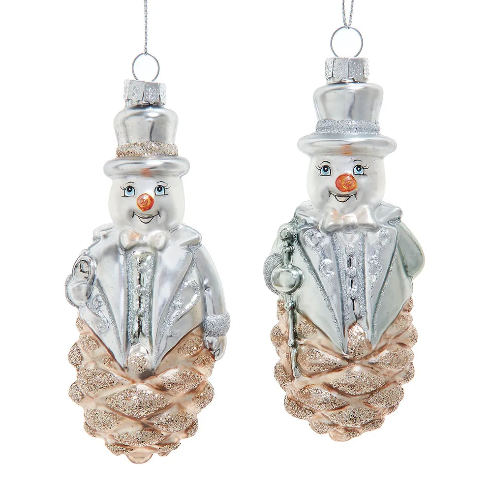 Glass Platinum and Silver Snowman on Pinecone Ornament