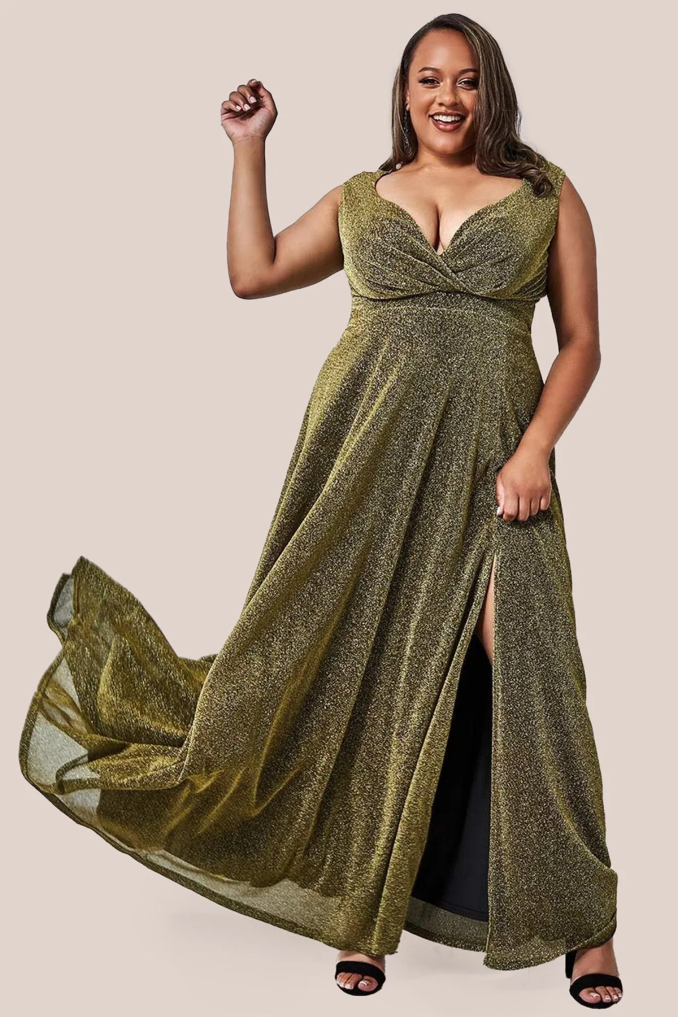 Goddiva Plus Wrap Bodice Sleeveless Lurex Split Maxi Dress