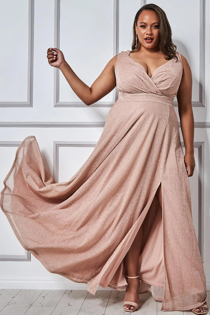 Goddiva Plus Wrap Bodice Sleeveless Lurex Split Maxi Dress