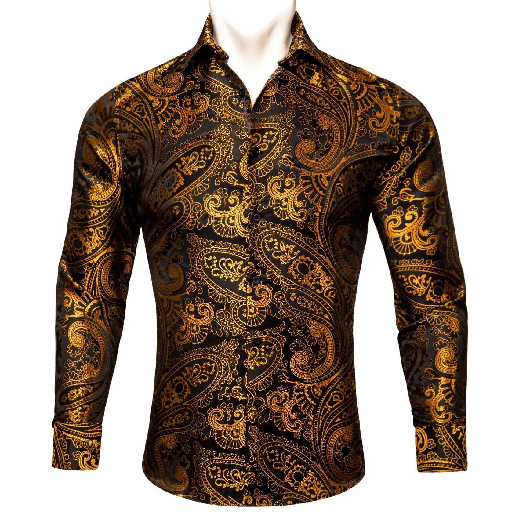 Golden Black Paisley Floral Silk Men's Long Sleeve Shirt