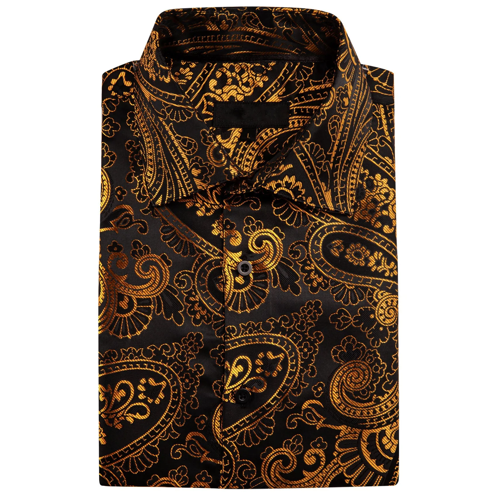 Golden Black Paisley Floral Silk Men's Long Sleeve Shirt