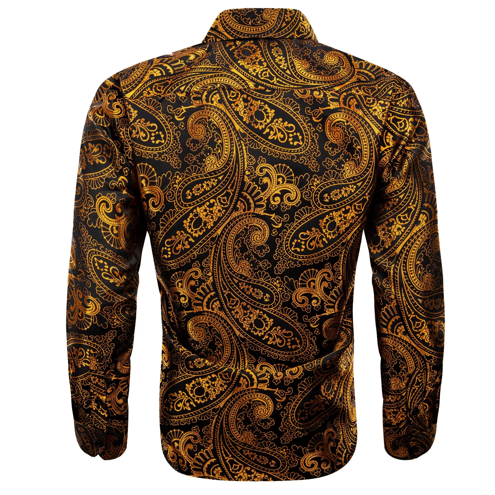 Golden Black Paisley Floral Silk Men's Long Sleeve Shirt