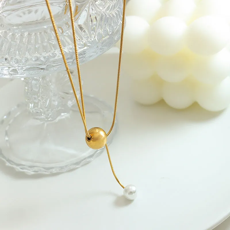 Golden Snake Chain Pearl Tassel Necklace for Women