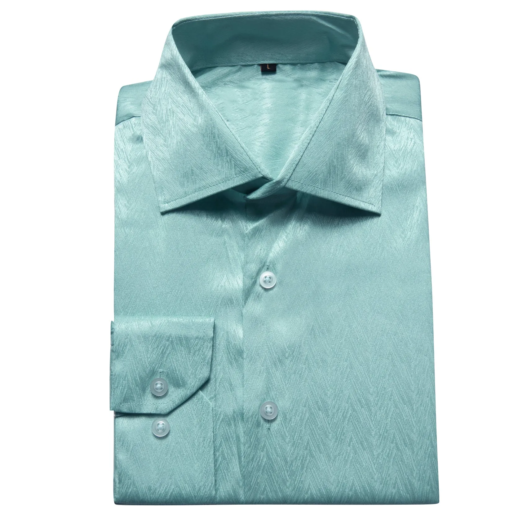 Green Blue Solid Woven Silk Men's Long Sleeve Shirt