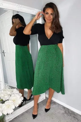 Green Printed 2 in 1 Wrap Over Tie Side Dress