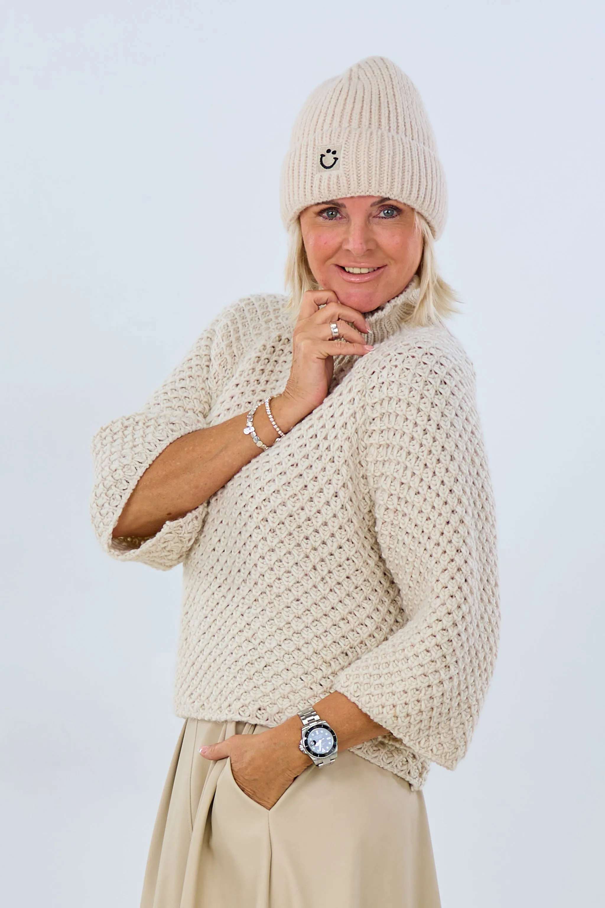 grobgestrickter Pullover mit Turtleneck, beige