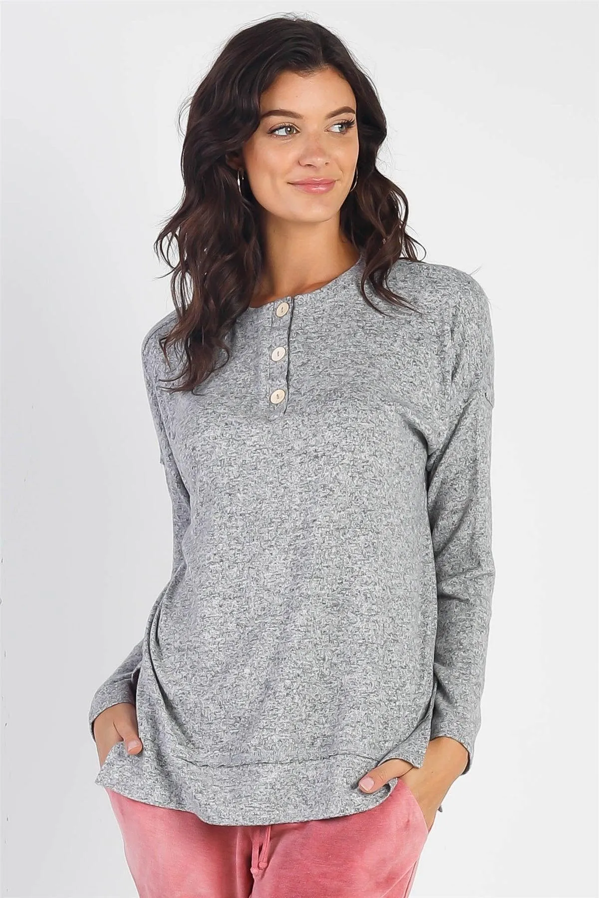 Heather Grey Basic Flannel Button-Up Trim Sweatshirt /1-1-1