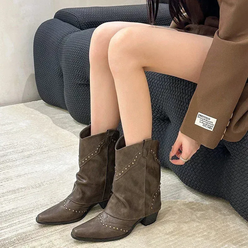 Hnzxzm Woman Cowgirl Boots Fashion Slip On Ladies Elegant Square Heel Short Boots Shoes Retro Women's Winter Footwear