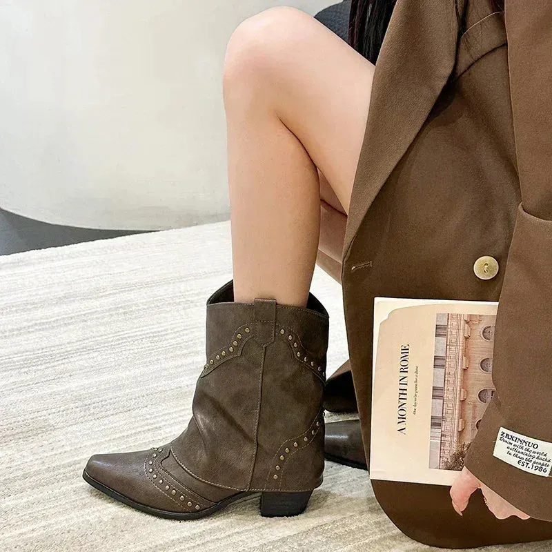 Hnzxzm Woman Cowgirl Boots Fashion Slip On Ladies Elegant Square Heel Short Boots Shoes Retro Women's Winter Footwear