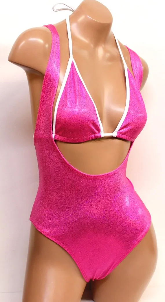 Hologram Suspender Rioback Swimsuit in Neon Pink