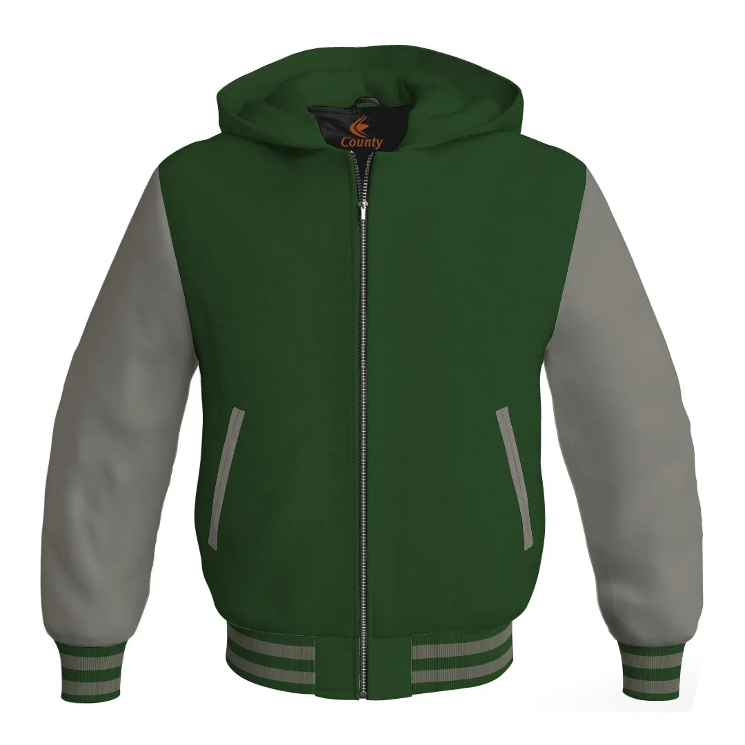 Hoodie Jackets Forest Green Body and Gray Leather Sleeves Bomber Jacket