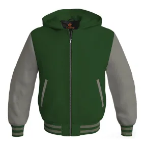 Hoodie Jackets Forest Green Body and Gray Leather Sleeves Bomber Jacket