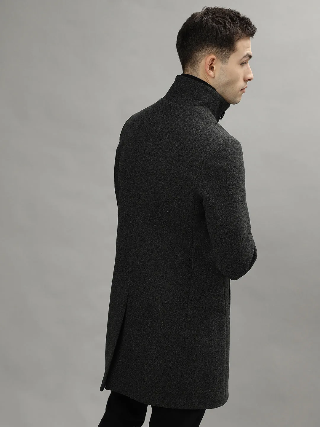 Iconic Men Grey Solid Stand Collar Long Sleeves Overcoat