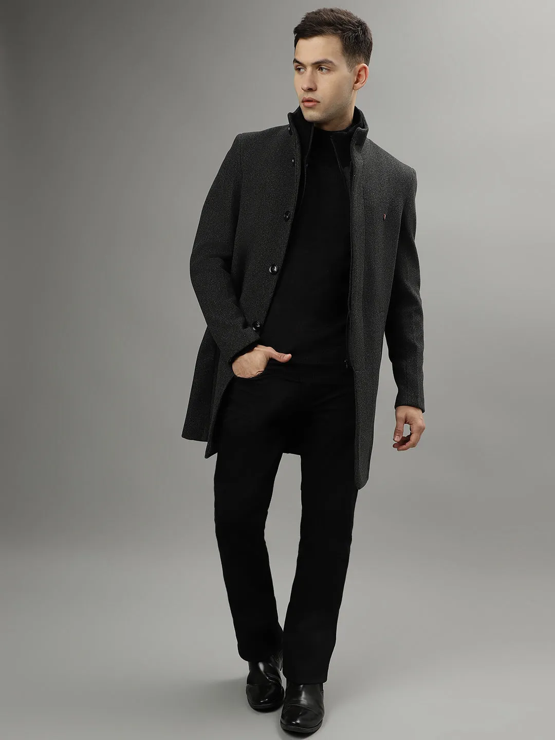 Iconic Men Grey Solid Stand Collar Long Sleeves Overcoat