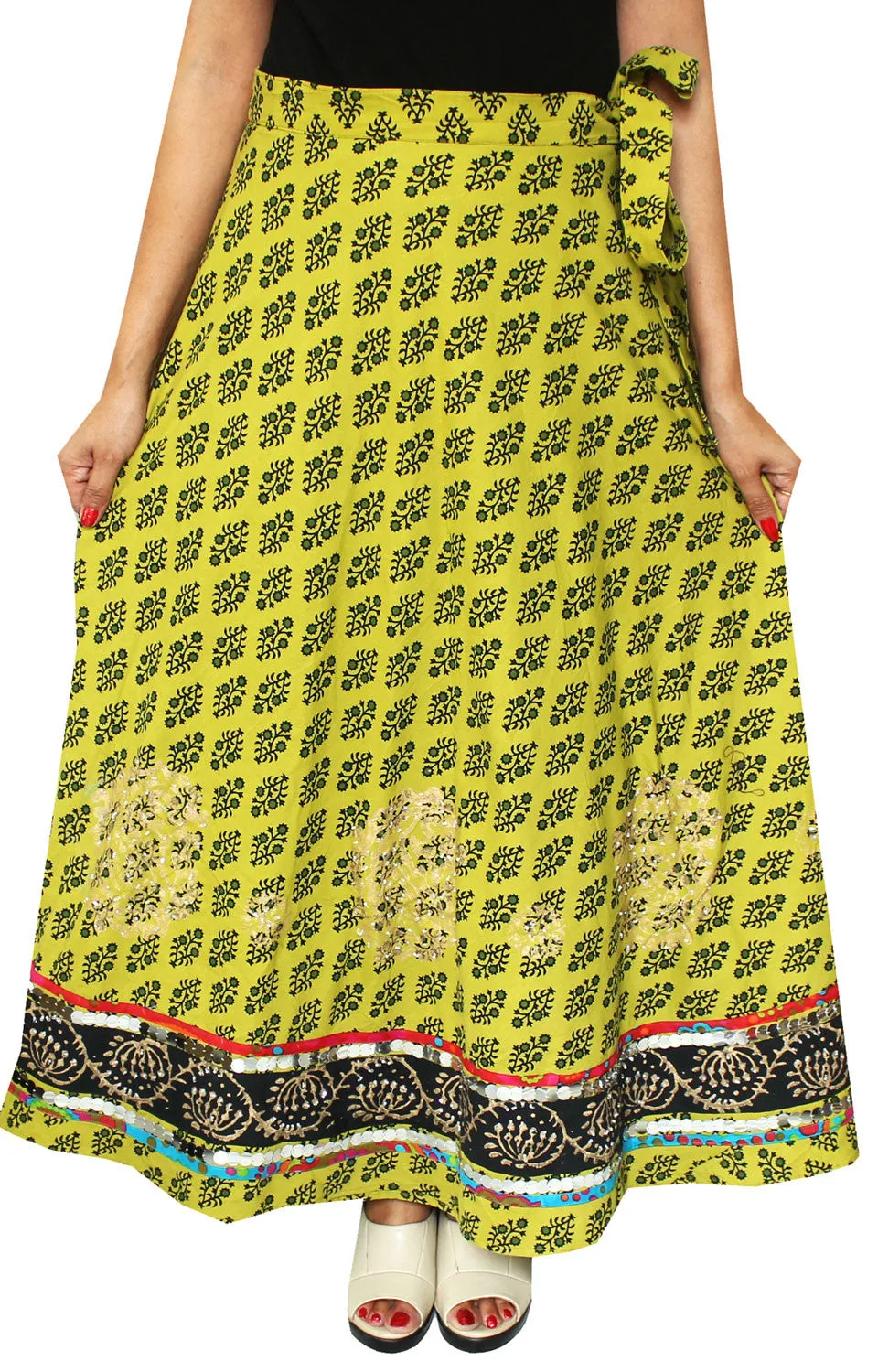 Indian Wrap Long Skirt Cotton Maxi Womens Designer India Clothes (Green)