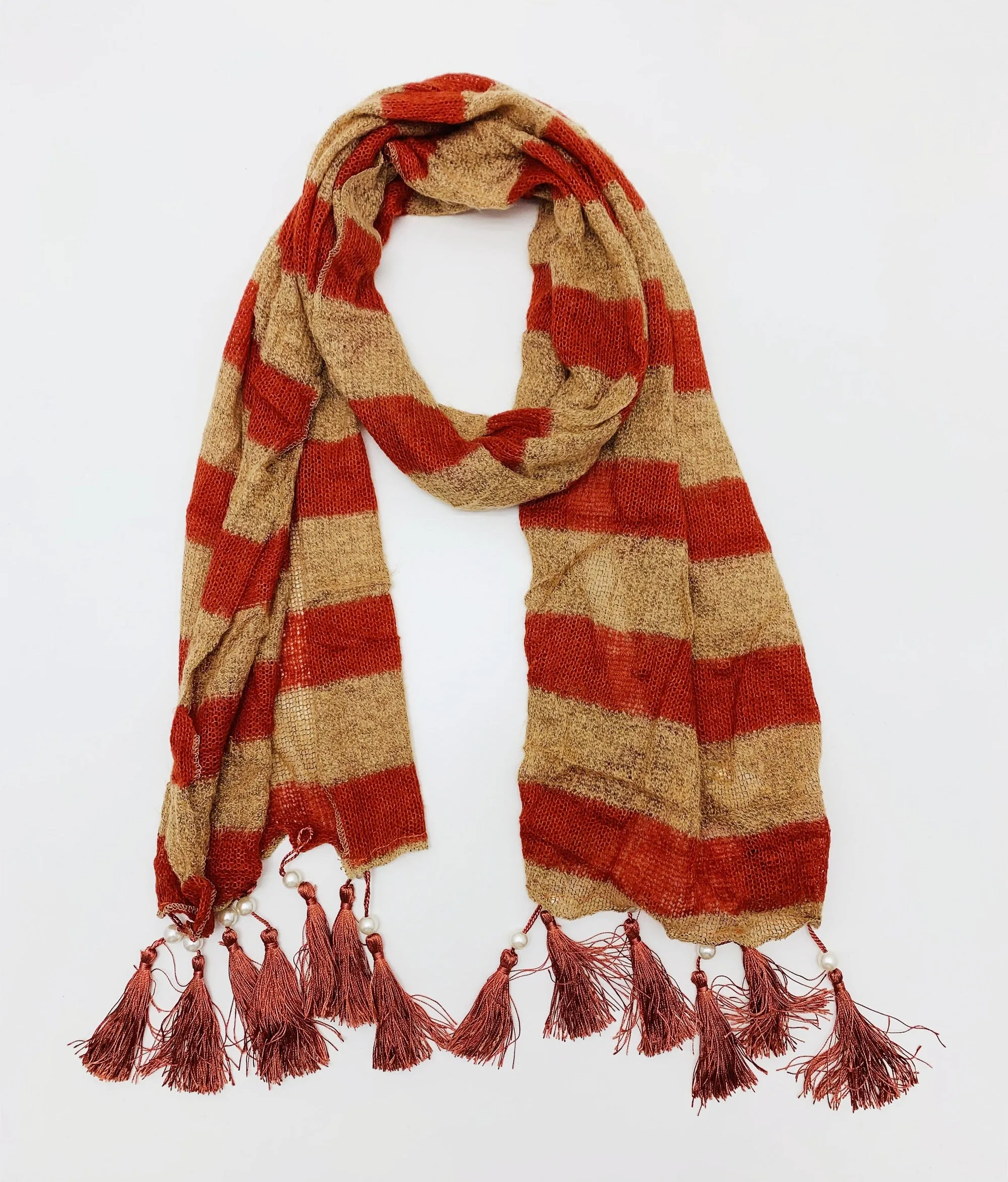 JC021801 Stripe Pearl Fringe Scarf