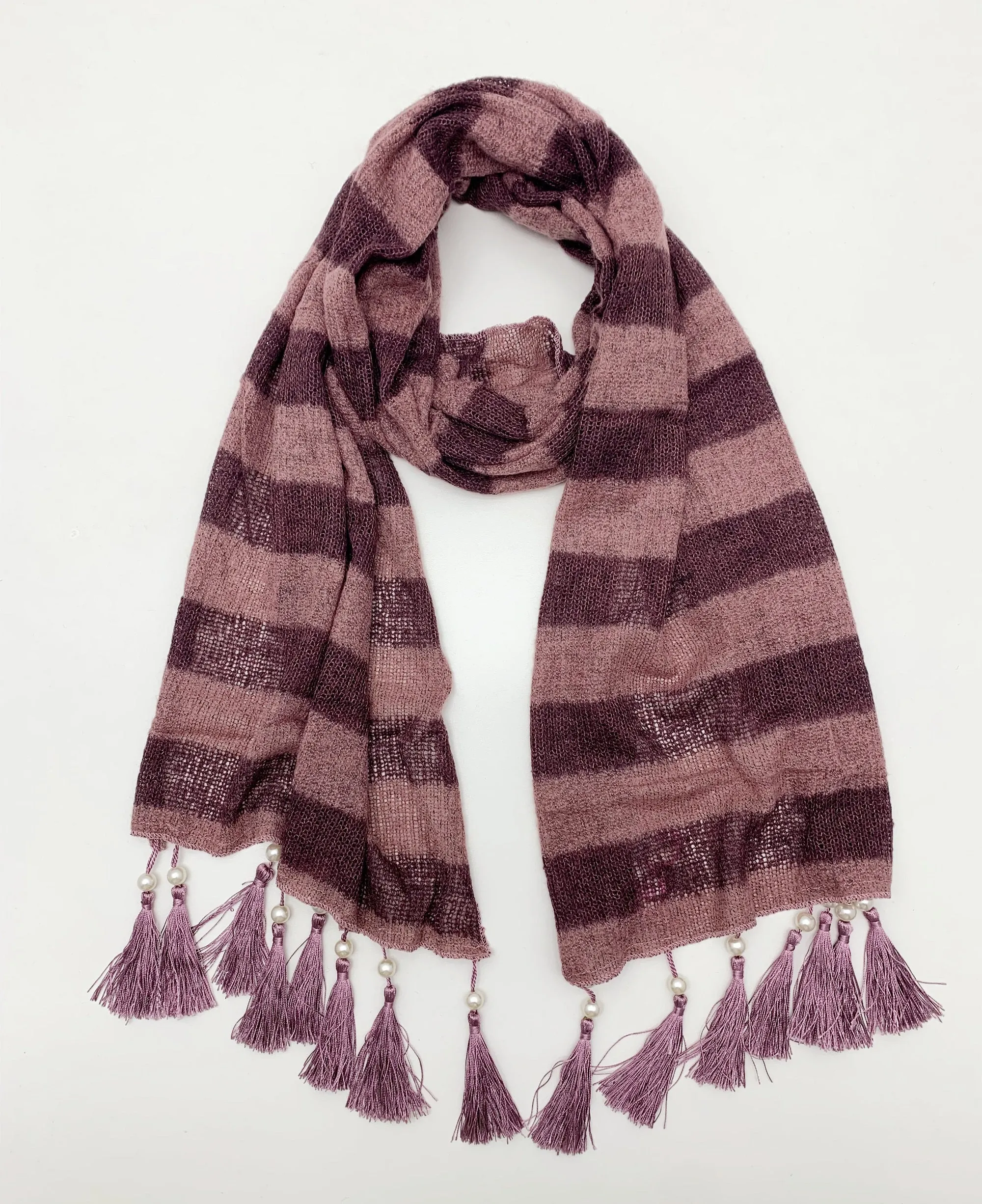 JC021801 Stripe Pearl Fringe Scarf