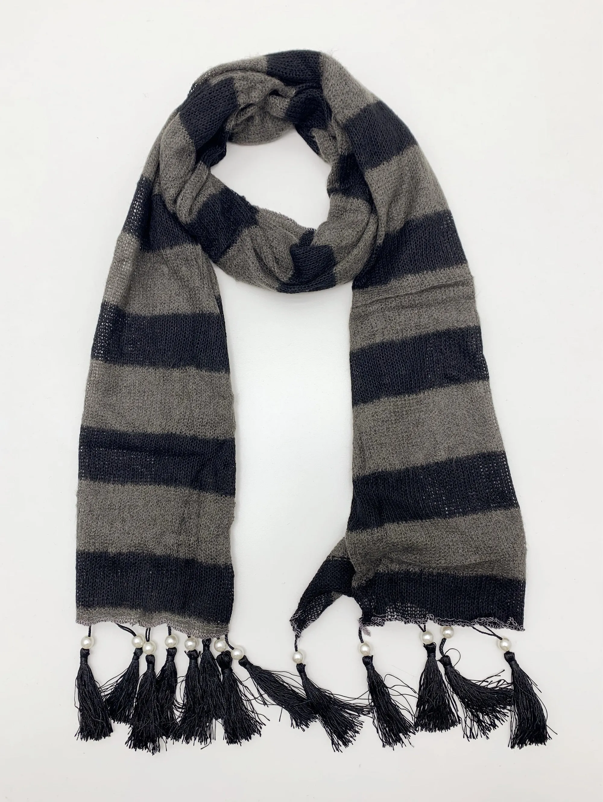 JC021801 Stripe Pearl Fringe Scarf