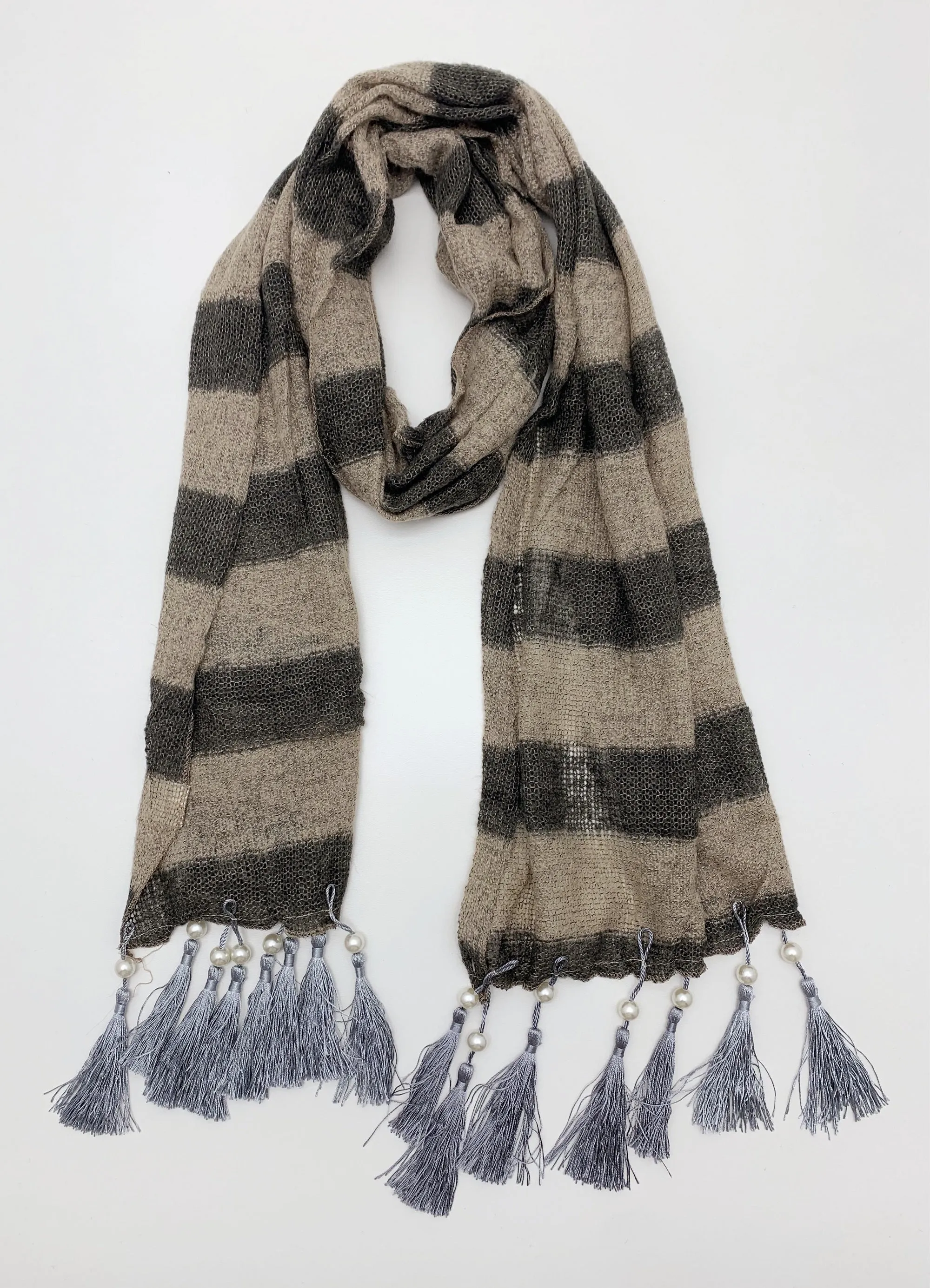 JC021801 Stripe Pearl Fringe Scarf