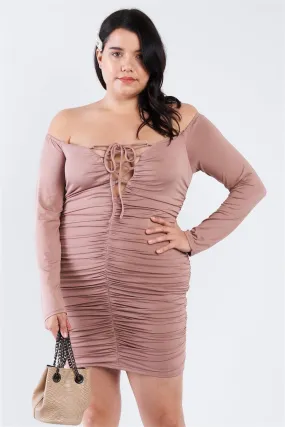 Junior Plus Size Mocha Off The Shoulder Lace Up Ruched Mini Dress /2-1-1