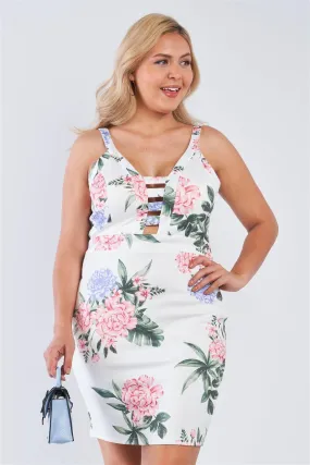 Junior Plus Size Off-White Floral V-Neck Strap Front Bodycon Mini Dress /3-2-2