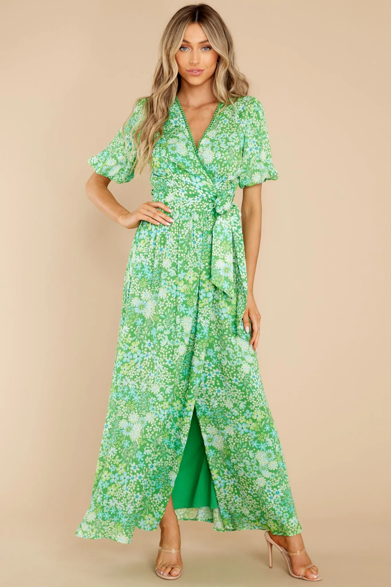 Kyla Printed Bubble Sleeve Wrap Maxi Dress