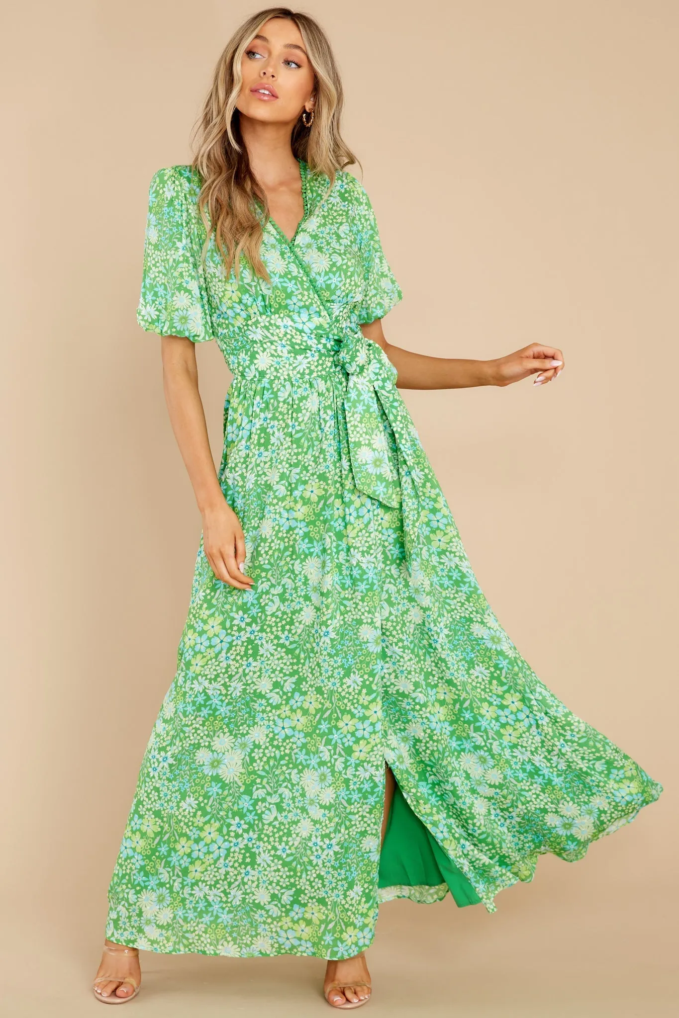 Kyla Printed Bubble Sleeve Wrap Maxi Dress