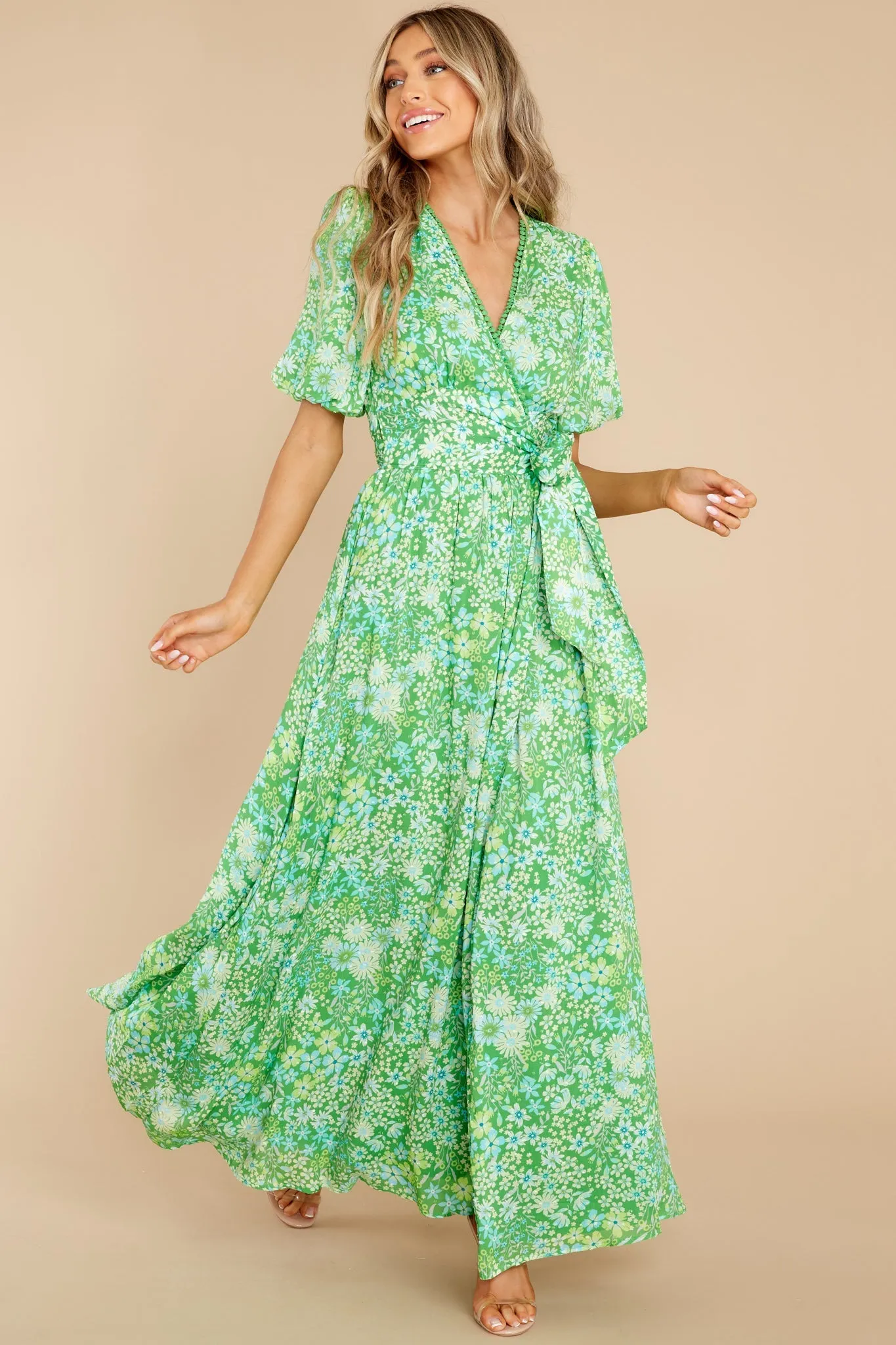 Kyla Printed Bubble Sleeve Wrap Maxi Dress