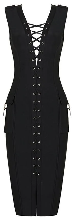 Lace-up Sleeveless Knee-Length Bodycon Dress, Black