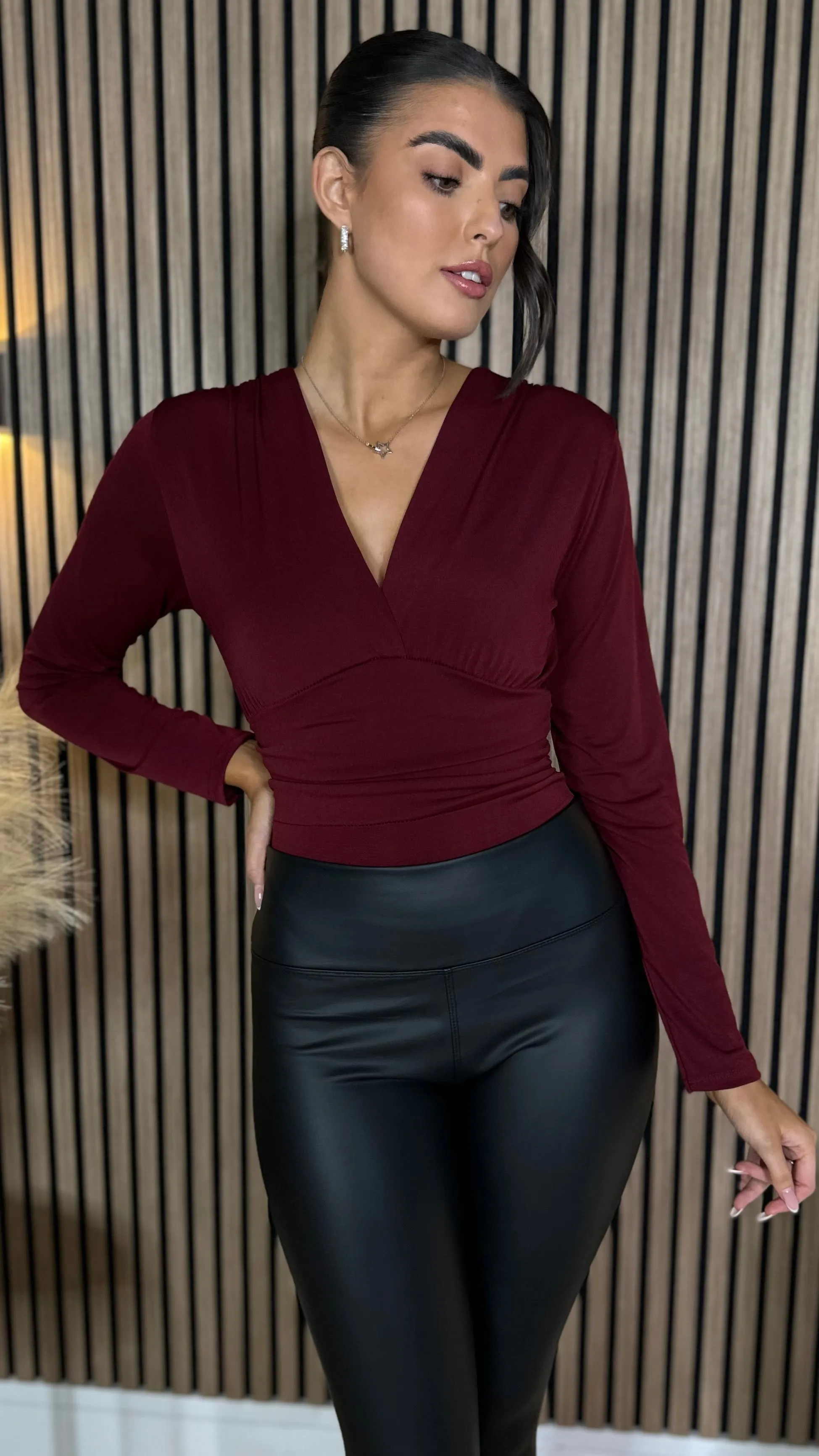 Laila Burgundy V Neckline Ruched Detail Bodysuit