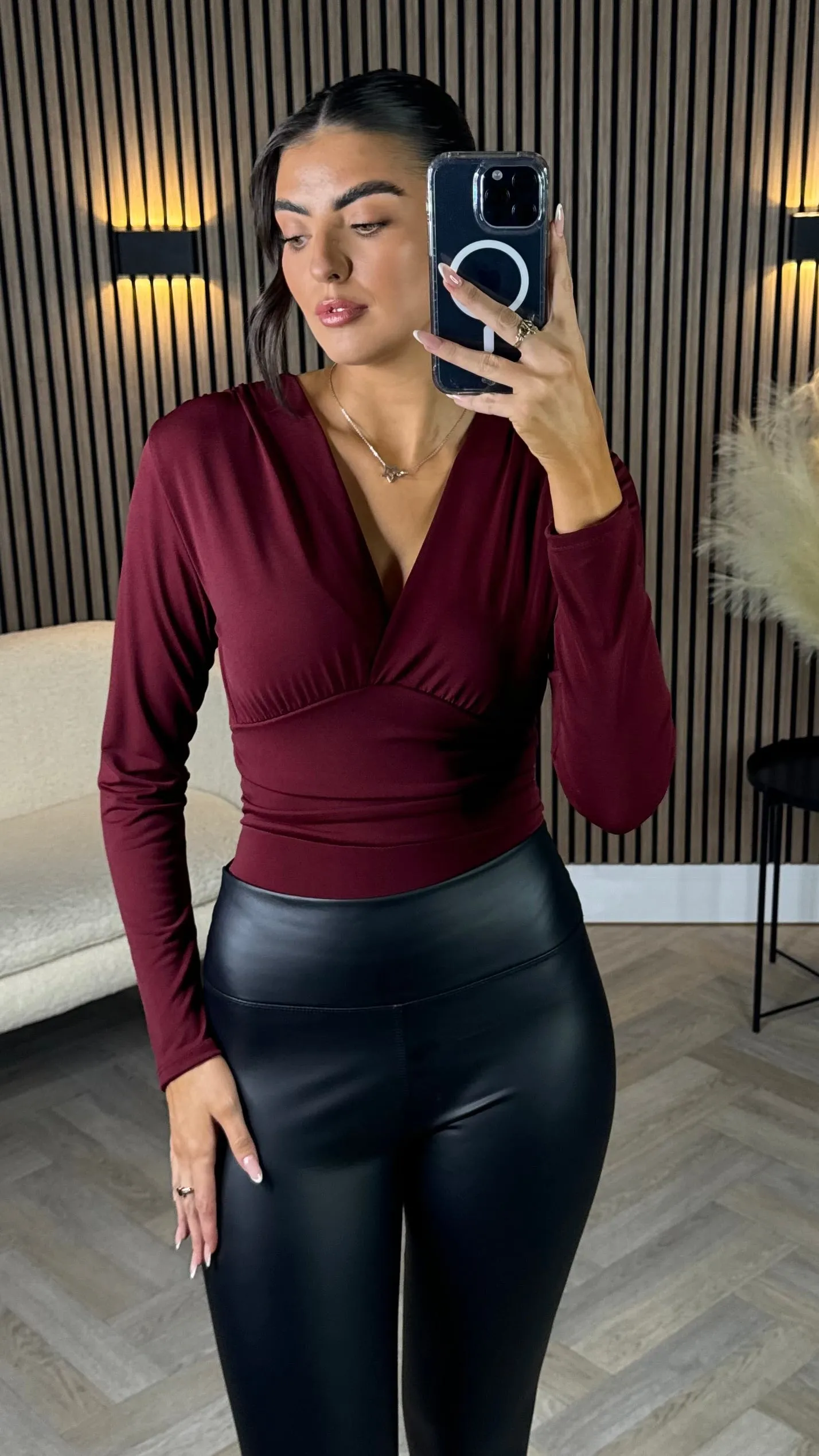 Laila Burgundy V Neckline Ruched Detail Bodysuit