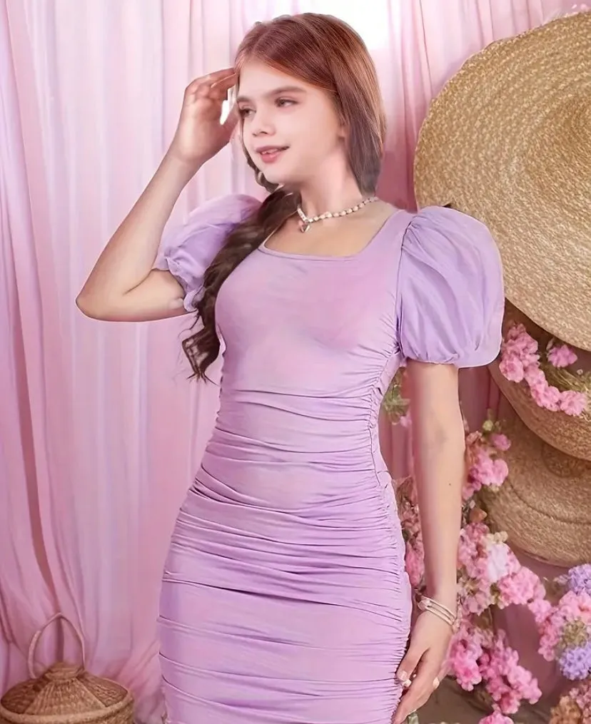 Lavender Girls Puff Sleeve Ruched Bodycon Dress