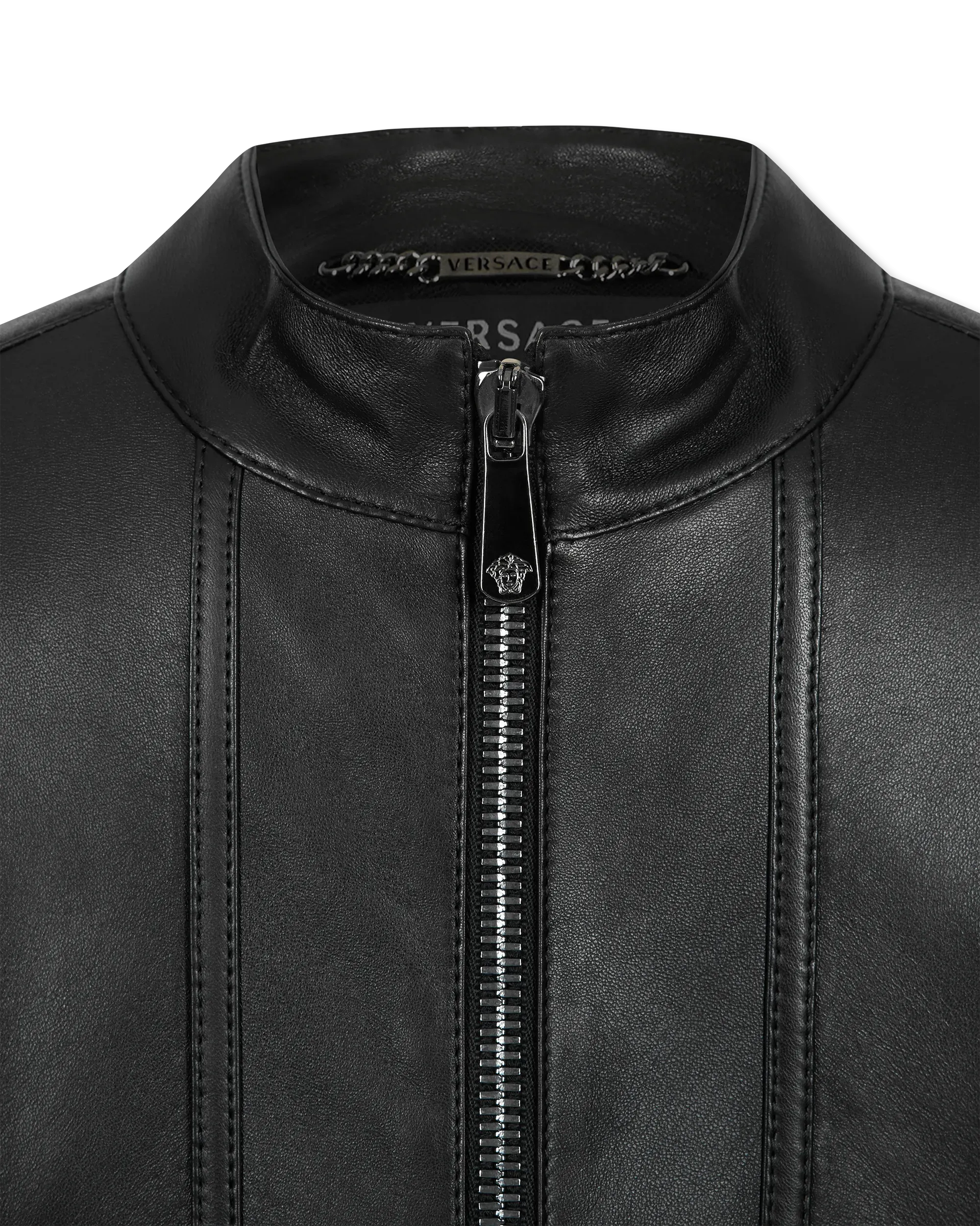 Leather Moto Jacket With Woven Chain Detail