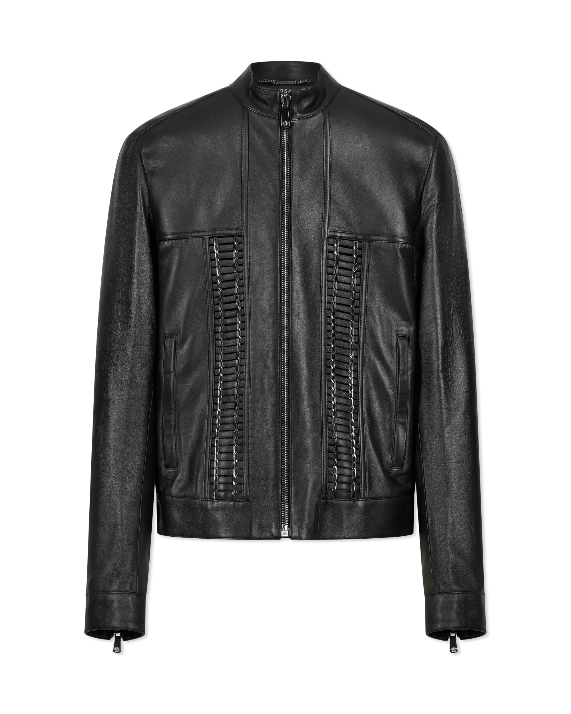 Leather Moto Jacket With Woven Chain Detail