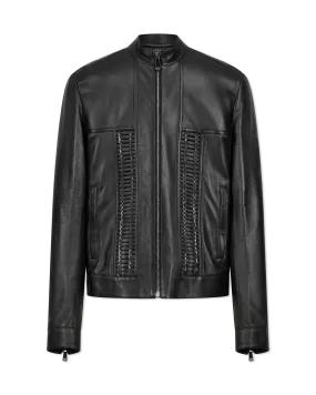 Leather Moto Jacket With Woven Chain Detail