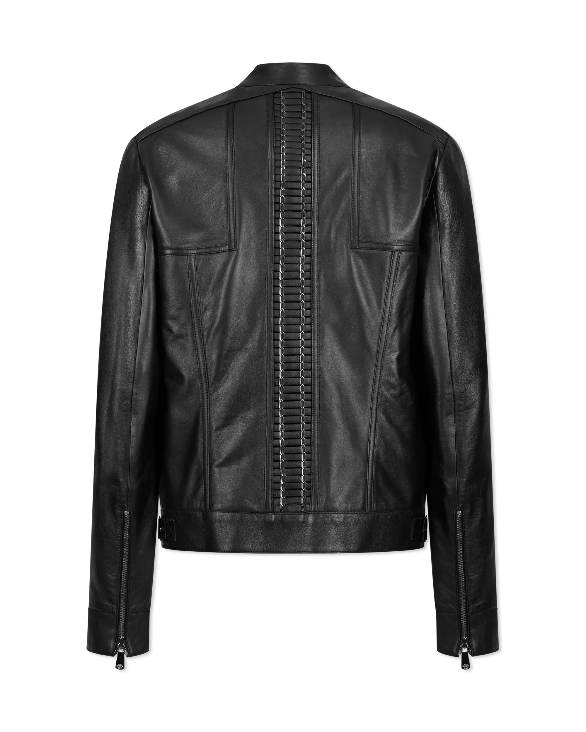 Leather Moto Jacket With Woven Chain Detail