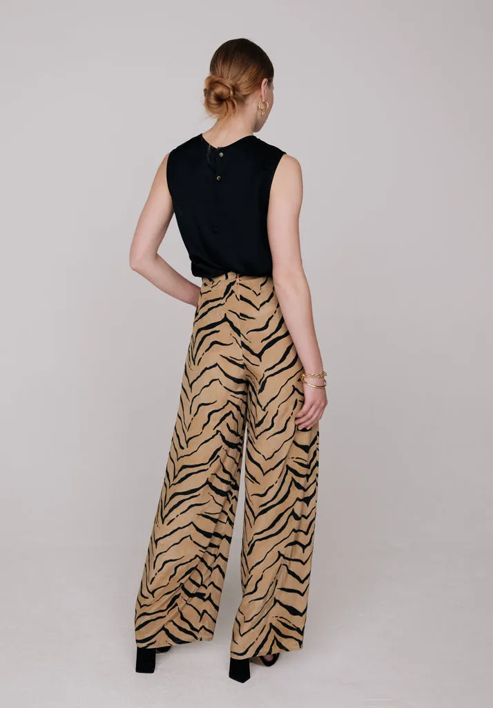 Leon Wide Leg Tiger Print Trouser In Brown